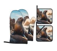 Sea Lion on The Rocks Printing Oven Mitts and Pot Holders Sets - Heat-Resistant, Waterproof, and Durable Kitchen Baking Four-Piece Set