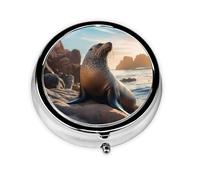Sea Lion on The Rocks Take-Along Pill Box, Portable Round Pill Box, fits in Your Purse Pocket Lightweight 3 Compartment Pill Box,