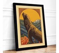 Sea Lion Under Golden Sun Coastal Framed Wall Art Print A1 (84.1×59.4cm) Black, Wall Decor for Living Room, Bedroom, Office & Home, Ready to Hang, Art Gift