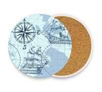 Sea Map with Compass and Sailing Ship Set of 1 Ceramic Coaster for Drinks, Stone Coasters Holder with Cork Base, Oversize Cup Mat Pad for Kinds of Mugs, Housewarming Gifts