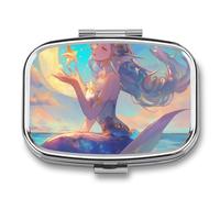 Sea Mermaid Stars Moon Pill Case Box with 2 Compartment Medicine Vitamin Organizer for Purse Pocket 5.5x4cm