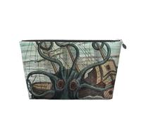 Sea Monster Kraken Octopus Womens Makeup Bag Leather Travel Toiletry Organizer Wash Bag Cosmetic Pouch with Zipper Girls Handbag Silver