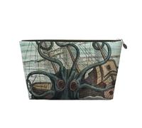 Sea Monster Kraken Octopus Womens Makeup Bag Leather Travel Toiletry Organizer Wash Bag Cosmetic Pouch with Zipper Girls Handbag Gold