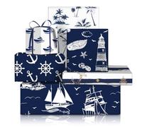 Sea Ocean Wrapping Paper, Navigation Nautical Sailing Anchor Rope Fish Seagull Boat Lighthouse Blue Gift Paper 50x70cm, 6 Folded Sheets with 1 Roll Blue Ribbon, for Birthday, Holiday, Wedding