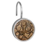 Sea Octopus Nautical Beige Map Double Glide Shower Curtain Hooks - Rustproof Stainless Steel Rings for Bathroom Shower Rods & Curtains