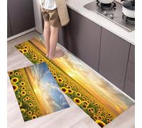 Sea Of Sunflowers Kitchen Rugs Non Skid Washable Mats Set of 2 PCS, Lush Fields Absorbent Runner Rugs for Kitchen, Front of Sink,Sink Laundry, 40x60cm+40x120cm Yellow