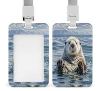Sea Otter Badge Holder Waterproof Plastic ID Card Badge Holders with Lanyard Vertical Card Case Protector Pouch Clear Window Work Badges for Women Men