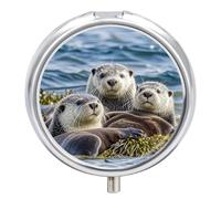 Sea Otter Family Pill Box Round Portable Small Pill Case Waterproof Travel Pill Box Organizer for Pocket Purse and Daily Convenience