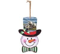 Sea Otter Family Printed Christmas Snowman Wooden Sign Christmas Hanging Ornament Vintage Christmas Tree Decorations for Xmas Window Fireplace Winter Party Home Decor