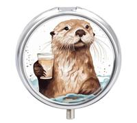 Sea Otter Metal Pill Organizer, 3 Compartment Waterproof Pill Case with Mirror for Purse Pocket Bag, Daily Medicine Vitamin Holder, Portable Travel Med Container(Round)