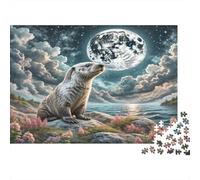 Sea Otter Paper Sea Lion on Rocky Shore Under Full Moon Jigsaw Puzzle Set Mind Stimulating Secret Santa Gift 38x26cm/1000pcs