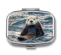 Sea Otter Pill Box 2 Compartment Portable Pill Case Daily Square Pill Organizer for Pocket Purse Daily Medicine Container to Hold Vitamins Fish Oil Travel Gifts