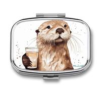 Sea Otter Pill Box 2 Compartment - Small Metal Medicine Organizer Portable Pill Case for Purse Pocket Travel Vitamin Organizer for Men Women, BPA-Free