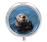 Sea Otter Pill Box, 3 Compartment Small Pill Case, Metal Round Portable Storage Box Stores Vitamins, Medicines, Fish Oil and Supplements