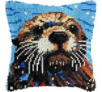 Sea Otter Square Latch Hook Kits Pillow Cover DIY Cushion Cross Stitch Crochet Hook Pillowcase Making Kits Preprinted Pattern Canvas Cushion Latch Hook Supplies 17x17inch (77)