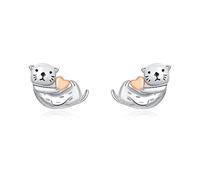 Sea Otter Stud Earrings 925 Sterling Silver Post Pin Tiny Cute Animal Promise Love Heart Statement for Women Girls Small Cartilage Piercing Jewelry Delicate Lovely Gifts Daughter Niece Birthday