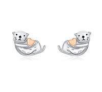 Sea Otter Stud Earrings 925 Sterling Silver Post Tiny Cute Animal Promise Love Heart Statement for Women Small Cartilage Delicate Lovely Jewelry for Daughter Niece