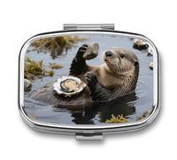 Sea Otter Tool Using Pill Box 2 Compartment Square Metal Pill Organizer Portable Mini Travel Medicine Case with Mirror Cute Medicine Container Holder for Pocket Purse