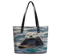 Sea Otter Tote Bag Large Soft Leather Purse with Zipper Lightweight Ladies Shoulder Handbag