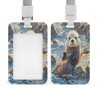 Sea Otters Painting Badge Holder Waterproof Plastic ID Card Badge Holders with Lanyard Vertical Card Case Protector Pouch Clear Window Work Badges for Women Men