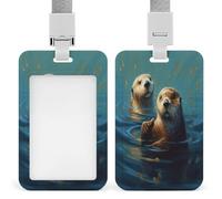 Sea Otters Painting ID Badge Holder Waterproof Card Protector Push-Pull Slot Work ID Card Holder with Lanyard Personalized Detachable Card Holders for Office Corporate Use