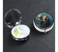 Sea Otters Painting Pill Box 3 Compartment Round Portable Pill Case for Pocket or Purse Pill Holder Weekly Pill Organizer Decorative Metal Medicine Vitamin Organizer Travel Gift