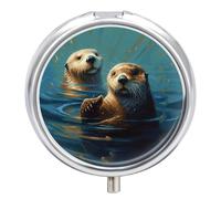 Sea Otters Painting Pill Box Mini Pill Case Pocket Pill Case for Men Travel Pill Box Cute Pill Organizer 3 Compartment Medicine Pill Organizer Pill Container Pill Holder