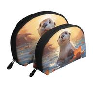 Sea Otters Painting Portable Shell Cosmetic Bag Set - Travel Makeup Organiser with Zipper & Inner Compartments