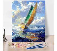 Sea Paint by Numbers for Adults, DIY Paint by Numbers Sailboat, Canvas Oil Painting Kit with 3 Paintbrushes, Acrylic Pigment Drawing Paintwork for Gifts for Women 16x20 Inch Without Frame -XY94Y