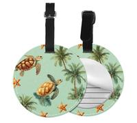 Sea Palm Tree Round Luggage Tag 2PCS Turtle Starfish PU Leather Travel Bag Tag ID Labels Name Card Holder wtih Buckle for Luggage Suitcase Backpacks