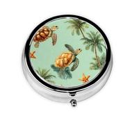 Sea Palm Tree Small Pill Box 3 Compartment Portable Pill Box for Purse Pocket Turtle Starfish Mini Medicine Organiser for Daily Vitamin Fish Oil Storage