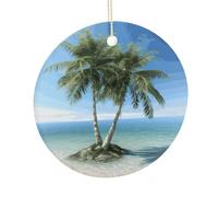 Sea Palm Trees Ceramic Circular Pendant,2.9 Inch，Hanging Ornament，Gift Exchange Idea Round Ceramic Ornament,for Mom and Daughter，for Home Indoor Outdoor Decor.