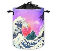 Sea Palm Trees Neon Mountain Laundry Hampers With Drawstring Ocean Laundry Baskets For Bathroom Red Sun Sunset Portable Clothes Storage Organizer Basket Japanese Great Wave W 35 L 44 Cm