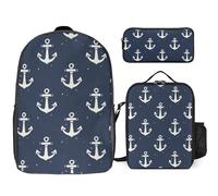 Sea Pattern in Anchors Navy Beach 3 Pieces Set Laptop Backpack Casual Daypack with Lunch Box Pencil Case for Travel