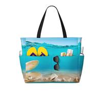 Sea Pearl Print Large Waterproof Beach Tote Bag for Women with Zip and Pockets Foldable Handbag for Travel Pool Shopping Holiday Gym