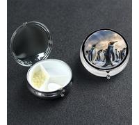 Sea Penguin Pill Box 3 Compartment Round Portable Pill Case for Pocket or Purse Pill Holder Weekly Pill Organizer Decorative Metal Medicine Vitamin Organizer Travel Gift