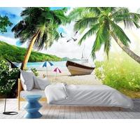 Sea Sailboat Coconut Tree Mountains Birds Modern 3D Wallpaper Premium Textured Silk Neutral Tones Material Ideal for Living Room Bedroom-150cm×105cm