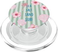 Sea Salt Sand Surf Coastal Preppy Hibiscus Green Stripes PopSockets PopGrip for MagSafe