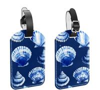 Sea Shell on Ocean Blue Navy Background Luggage Tags for Suitcase, 2 Pack Leather Baggage Identifier with Privacy Flap and Name ID Label for Women Men Travel
