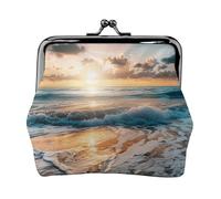 Sea Shell Starfish Prints Coin Purses with Kiss-lock, PU Leather Mini Pouch Change Wallet for Men Women, Beach Sunset Ocean Waves, One Size, Fashion