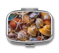 Sea Shell Treasures Pill Box 2 Compartment - Small Metal Medicine Organizer Portable Pill Case for Purse Pocket Travel Vitamin Organizer for Men Women, BPA-Free