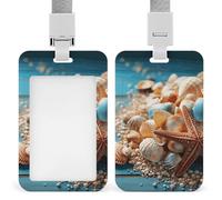 Sea Shells and Starfish Badge Holder with Lanyard - Waterproof Hard Plastic ID Card Holder Professional Name Tag Vertical ID Card Name Badge for Office Nurse Doctor Teacher