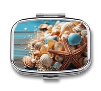 Sea Shells and Starfish Pill Box 2 Compartment - Small Metal Medicine Organizer Portable Pill Case for Purse Pocket Travel Vitamin Organizer for Men Women, BPA-Free