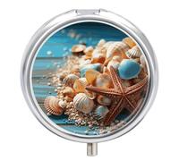 Sea Shells and Starfish Pill Organizer 3 Compartments, Round Small Pill Box for Purse & Pocket, Portable Daily Medicine Box to Hold Vitamins, Supplements, Pills, Fish Oil