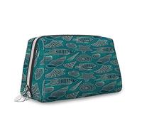 Sea Shells Print,Leather Large Makeup Bag Zipper Pouch,Pattern Underwater Sea Life,Travel Cosmetic Organizer for Women,Blue,S
