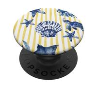 Sea Shells Starfish Turtle On Yellow Stripes Coastal Summer PopSockets Adhesive PopGrip
