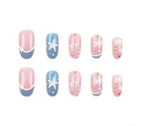 Sea Star Shell Press On Nails Long Oval Shape - Long-Lasting ABS False Nail Tips with Jelly Glue for Summer Style - 24 Pieces