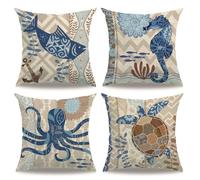 Sea Style Throw Pillow Covers,Coastal Ocean Theme With Sea turtle Seahorse Cushion Cases 18 x 18 inches Vintage Beach Nautical Design with Sea Animals 4Pack Pillowcases For Patio Couch Sofa (Brown)