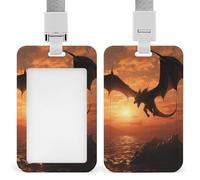 Sea Sunset Flying Dragon Badge Holder with Lanyard - Waterproof Hard Plastic ID Card Holder Professional Name Tag Vertical ID Card Name Badge for Office Nurse Doctor Teacher