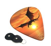 Sea Sunset Flying Dragon Guitar Picks 6 Pack with Leather Guitar Pick Holder Keychain, Plectrum Key Fob Cases Bag, Abstract Art Plectrum for Acoustic Electric Guitar, Ukulele 0.71mm